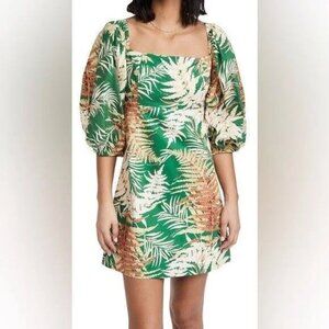 Cara Cara Montauk Leaf Print Dress Women's Large Green Square Neck Mini Designer